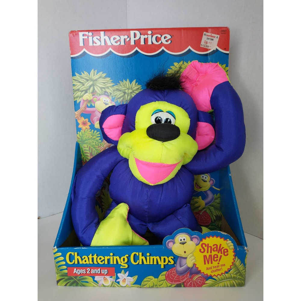 Vintage 1994 Fisher Price Chattering Chimps Purple Plush Toy ~ New old stock